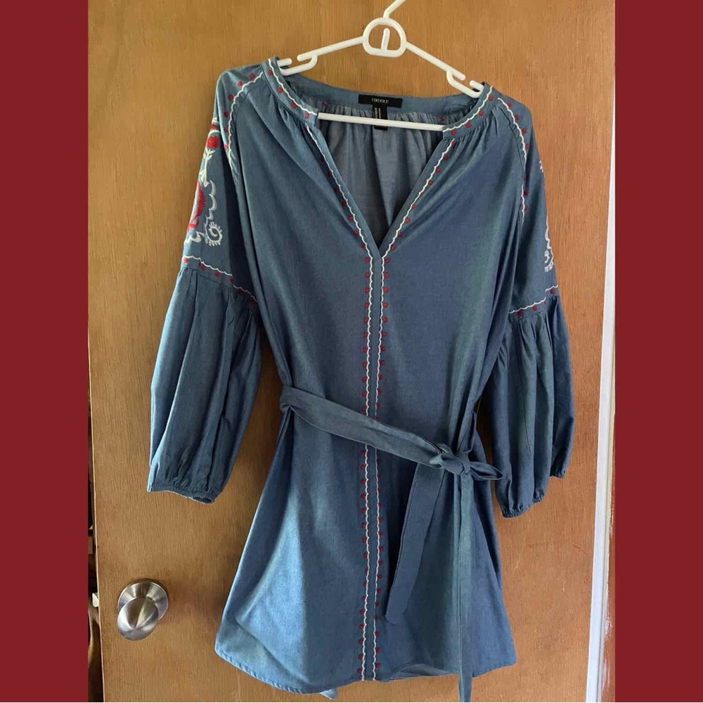 Forever 21 Denim Blue Embroidered Tunic